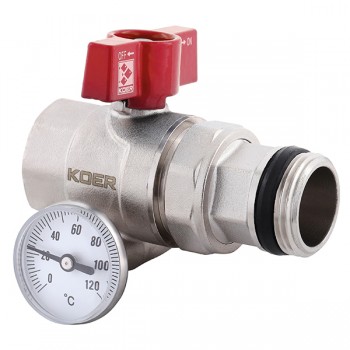 KOER KR.1032-Gi - 1'' Кран з американкою "антипротечка" з термометром прямий KOER KR.1032-Gi - 1'' Кран з американкою "антипротечка" з термометром прямий